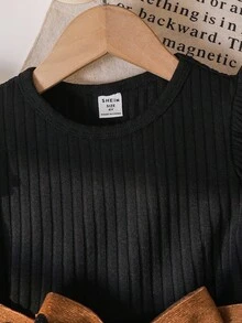 Emery Rose Kids Emery Rose Kids Young Girl Solid Color Round Neck Ruffle Hem Patchwork Heart Pattern Casual Dress Girl Dress Girls Autumn Dress Toddler Girl Dress Long Sleeve Girls Dress Heart Print Dress Girls Long Sleeve Dress Fall Winter