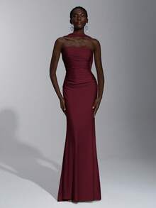 SHEIN Belle 优雅、浪漫、性感、简约、浅黄色针织弹力露肩露背紧身连衣裙，时尚、网红风格，适合节日、派对、婚礼、伴娘