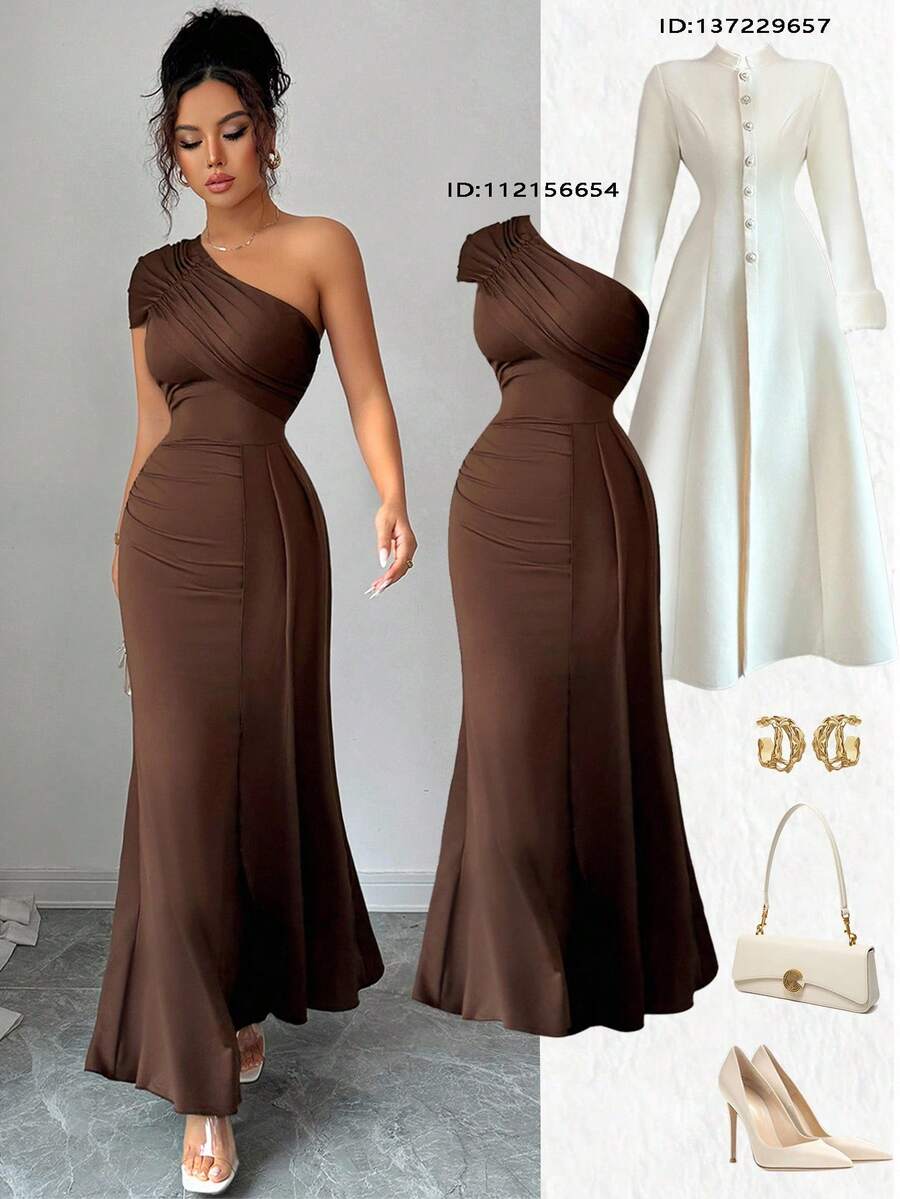 Elenzga 新款斜领荷叶边下摆不对称设计收腰优雅女士休闲度假连衣裙 - 咖啡棕 - 查看 1