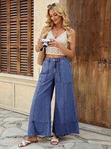 EMERY ROSE Mature Denim Quần Jeans Ống Rộng Màu Trơn Cho Nữ Thời Trang Thường Ngày Quần Jeans Ống Rộng Xanh Dương Quần Jeans Rộng Y2k Cho Nữ Quần Jeans Ống Rộng Cho Nữ Quần Jeans Ống Rộng Quần Jeans Rộng - Rửa trung bình - Xem 4