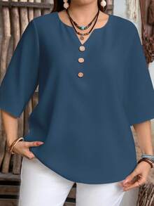EMERY ROSE Blusa suelta de manga 3/4 con cuello con muesca y botón decorativo en color azul sólido para mujer de talla grande, adecuada para el verano, citas y la oficina - Multicolor - Ver 3