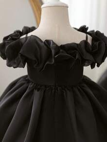 女婴优雅黑色单肩欧根纱连衣裙，正式服装 - 黑色 - 查看 2