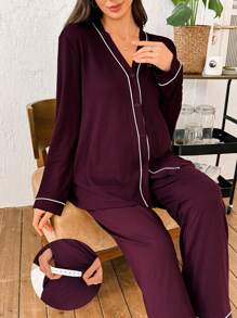 SHEIN Contrast Trim V-Neck Robe, Letter Embroidery Long Sleeve Top & Pants Maternity Lounge Set, Fall & Winter Clothes, Cozy Outfits