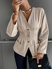 Siren Gaze New Autumn And Winter Thin Jackets With Metal Buckles For Women, Women's Silhouette Shirts, Fashionable Women's Clothing, Casual Commuter Tops, Office Clothes For Women Women Blouses Elegant