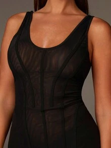 Athîral Gaun Mini Bodycon Kamisol Jala Warna Polos Wanita, Model Dasar Gaun Jala Hitam, Gaun Transparan, Gaun Pas Badan - Hitam - View 2