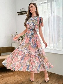Modelyn 女式荷叶边领口系带喇叭下摆泡泡袖连衣裙 - 彩色 - 查看 4