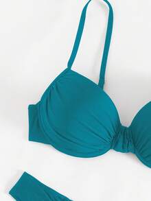 SHEIN Swim 2件組女款素色性感支撐鋼圈抓皺上衣與比基尼泳褲套裝，適合夏季海灘度假泳裝 - 水鴨藍 - 查看 5