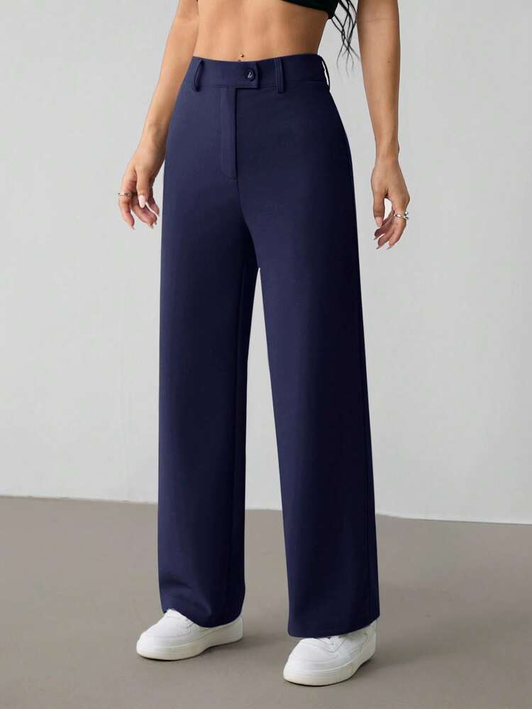 SHEIN PETITE Quần ống đứng công sở màu trơn có khóa kéo thanh lịch cho nữ - Màu xanh hải quân - Xem 7