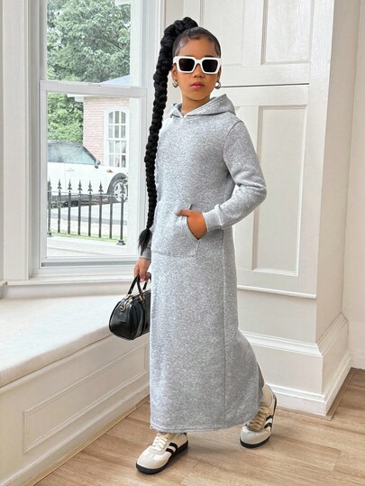 Tween Girl Solid Color Long Sleeve Hooded Pocket Super Long Casual Hoodie Sweatshirt Dress With Thermal Lined, Thick Long Style, Suitable For Autumn/Winter, Long Sleeve Top For Graduation, Back To School, Winter Clothes, Gray Long Sleeve Dresses Girl Sweat Dress Casual Dress