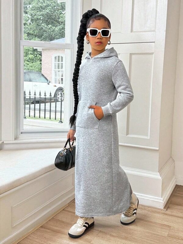 Tween Girl Solid Color Long Sleeve Hooded Pocket Super Long Casual Hoodie Sweatshirt Dress With Fleece Lining, Thick Long Style, Suitable For Autumn/Winter, Long Sleeve Top For Graduation, Back To School, Winter Clothes, Gray Long Sleeve Dresses Girl Sweat Dress Casual Dress