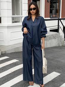 DAZY Women's V-Neck Lantern Sleeve Top And Loose Fit Jeans Set - Blue - View 4
