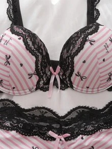 DelicateAllure Bộ 2 áo ngực và quần lót đệm màu hồng, trang trí nơ sọc tương phản, bộ đồ lót nữ dễ thương và quyến rũ - Hồng - Xem 4