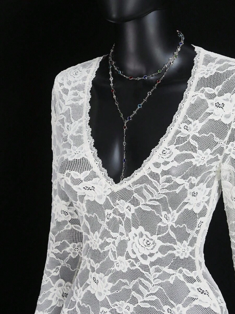 SHEIN ICON 提花透视深V领纯色透视长袖连衣裙 - 杏色 - 查看 1