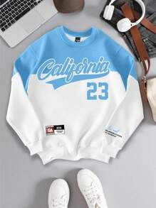 Manfinity Campus Court Men California No.23 Colorblock Patchwork Retro Vintage Streetwear Casual Pullover Sweatshirt For Youth, Couple Design With American Style Graphic Print , Fall