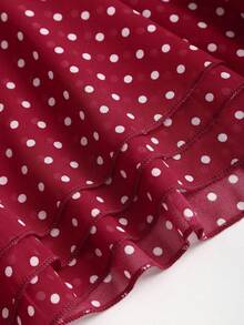 Sweetra 女式新款优雅波尔卡圆点褶饰多层下摆纽扣长袖衬衫裙 - 紅色 - 查看 7