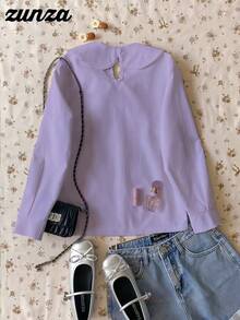 青少年女孩休闲优雅度假白色长袖蝴蝶结领衬衫，开学季秋冬款 - 紫色 - 查看 2