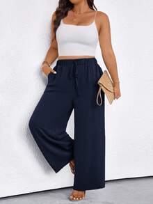 SHEIN LUNE CURVE Pantalon casual à poche simple de couleur unie pour grandes tailles - Bleu marine - Voir 4