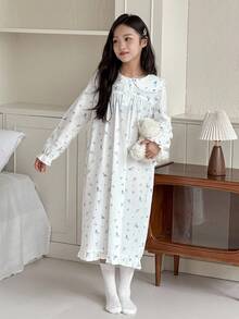 DAZY 女童柔软舒适印花荷叶边领长袖连衣裙，休闲家居服 - 白色 - 查看 3