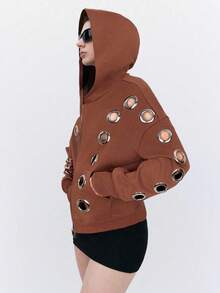 LYSMO Women's Fashionable Avant-Garde Cool Eyelet Hollow Design Pullover Hoodie, Autumn/Winter - Brown - View 4