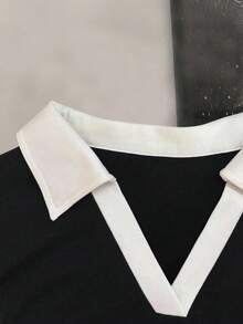 INAWLY 女士休闲运动风格撞色 V 领短袖褶皱修身 T 恤和抽绳腰短裤套装，夏季 - 黑色 - 查看 3