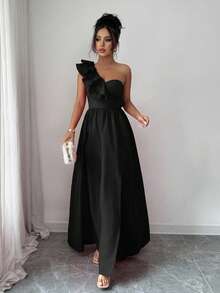 Rafferiza 时尚新款无袖荷叶边下摆开衩欧美风女装连衣裙 - 黑色 - 查看 3