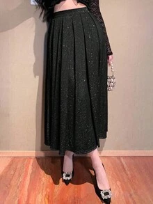 DAZY 女士休闲亮片装饰A字裙，秋冬女装半身裙 - 黑色 - 查看 7
