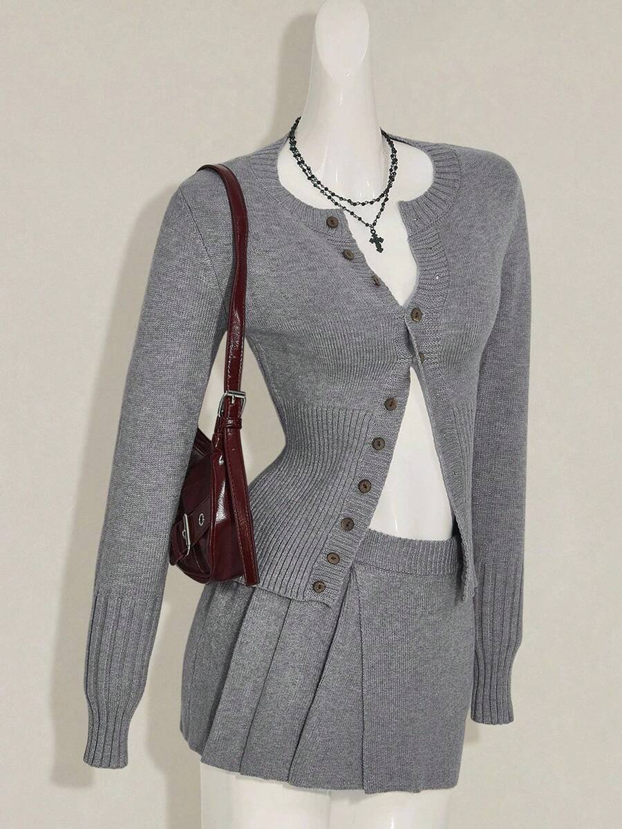 SHEIN ICON 女士简约秋季法式纯色修身前扣开衫和针织裙套装 - 灰色 - 查看 1
