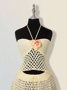 SHEIN ICON Bộ 2 áo len hở lưng họa tiết hoa trang trí bãi biển mùa thu/đông - Màu be - Xem 4