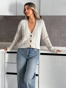 EURMUSE Áo len cardigan nữ màu trắng dệt kim cáp - Màu be - Xem 5