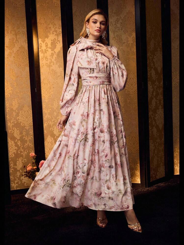 WOMEN'S ELEGANT FLORAL PRINT BELTED DRESS