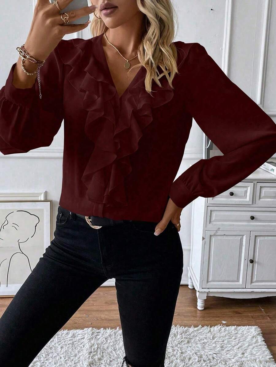 SHEIN LUNE Ruffle Trim Lantern Sleeve Blouse Women Shirt - Burgundy - View 1