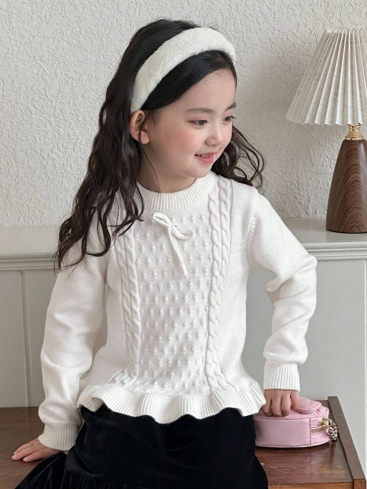 Girls' Crew Neck Sweater With Bow Decor, Fall