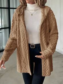 SHEIN Clasi 女士休闲拉链连帽纹理羊毛夹克 - 棕色 - 查看 5