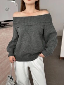 SHEIN Teen Girls Sweaters Casual Off Shoulder Girl Solid Color Long Sleeve Sweater,Off The Shoulder Sweater,Grey Sweater,Fall Sweaters,Fall Girl Sweaters,Girl Sweaters,Fall Sweaters,Fall Outfit,Outgoing,Off Shoulder Top Gray Top Winter