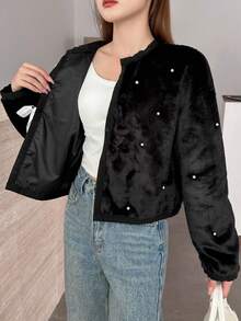 SHEIN 少女秋冬优雅黑色蓬松饰边夹克 - 黑色 - 查看 6