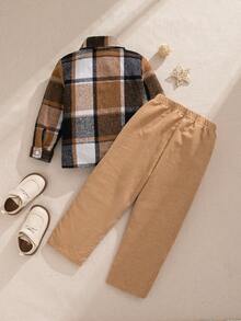 Souflis Souflis Set da 2 pezzi per bambini dai 4 ai 7 anni, composto da camicia con colletto a quadri vintage e pantaloni casual in velluto a coste, stile da strada, adatto per autunno/inverno - Multicolore - Visualizzare 3