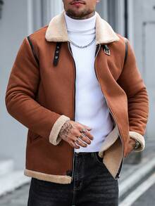 Manfinity CasualCool 男士纯色保暖长袖夹克外套，秋冬季，男士纯色绗缝外套，男士保暖夹克，冬季男士夹克，Gary夹克，保暖内衬夹克，外出浅灰色休闲夹克，送给朋友、丈夫、男友的礼物，男士冬季夹克，羊毛夹克，男士麂皮夹克，棕色夹克，棕色拉链夹克，男士抓绒夹克 - 棕色 - 查看 3
