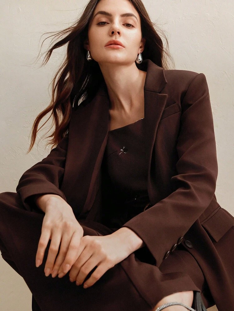 Women's New Urban Chic Vintage Coin Pattern Lapel Long Sleeve Blazer Jacket + High Waist Flowy Women's Long Suit Pants, Women's Suit Set