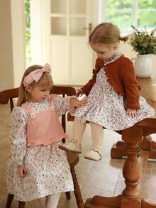 Vintaside Kids 2 件套女婴花卉印花长袖连衣裙和夹克套装，休闲时尚，适合春秋季日常穿着 - 彩色 - 查看 11