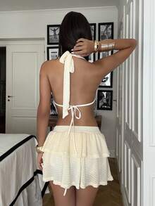 Ronhire Damen 2 Stücke Set: Tank Top mit V-Ausschnitt, Ausschnitt und Rückenausschnitt, kurzes Crop-Top & mehrstufiger Mini-Rock, geeignet für Urlaub, Date, Nachmittagstee, Reise, Musikfestival, Strand, Sommer-Outfit, Boho - Gelb - Übersicht 2