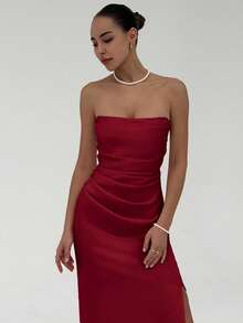 Aloruh 1 chiếc váy dài maxi xếp ly màu đỏ trơn dành cho nữ, thanh lịch - Đỏ - Xem 6