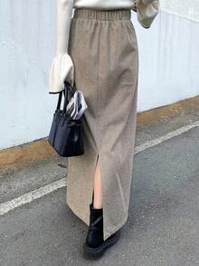 FRIFUL 女士直筒前褶纯色休闲半身裙 - 灰色 - 查看 6