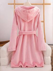 Tween Girls Plush Belted Robe Loungewear, Autumn/Winter Hooded Bathrobe Fuzzy Robe Girls Bathrobe Fall - Pink - View 2