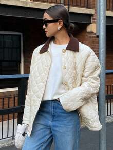 DAZY Women's Casual Contrast Color Patchwork Padded Coat Jacket Winter - Beige - View 3