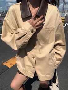 Livesso 女式宽松撞色翻领夹克，秋季 - 卡其色 - 查看 3