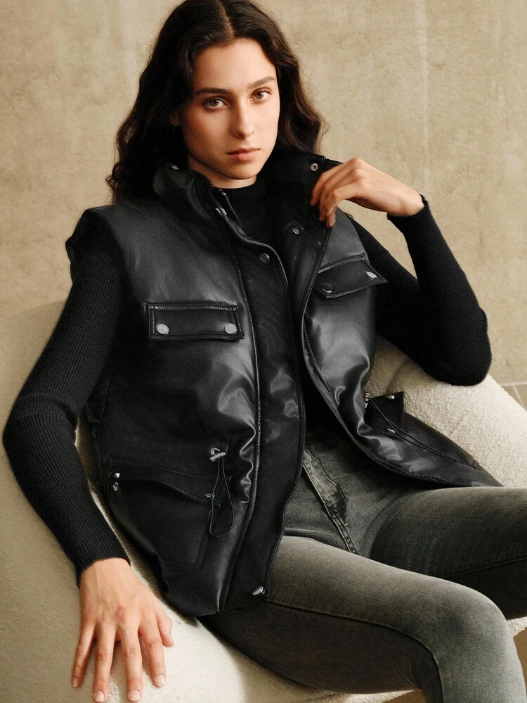 女性用 無地 PUレザー ジップアップ カジュアル ルーズベスト ジャケット、デイリーウェアやパーティーシーンに適しています、冬用