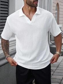 Manfinity CasualCool Plus Size Men's Solid Color White Casual Versatile Short Sleeve Polo Shirt, Summer