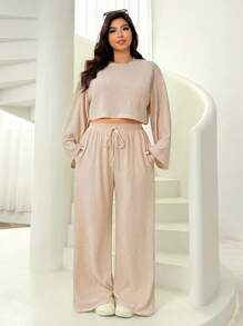 Solflare Conjunto de 2 piezas para mujer talla grande, top de manga larga de cuello redondo y pantalones de unicolor, para otoño/invierno - Albaricoque - Ver 1