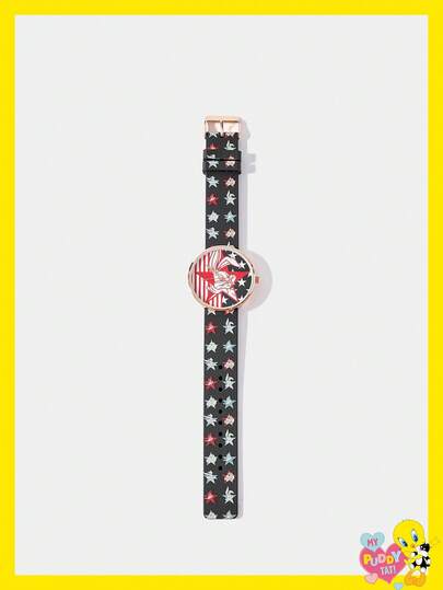 LOONEY TUNES X SHEIN Relojes de cuarzo con esfera redonda con diseño de rayas y conejo de dibujos animados