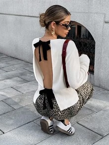 Chiquease Suéter de malha com estampa de laço e contraste de cores estilo francês feminino, início do outono - Preto e Branco - Ver 5
